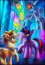 Size: 2100x3028 | Tagged: safe, artist:atlas-66, imported from derpibooru, applejack, rainbow dash, twilight sparkle, pegasus, unicorn, fanfic:the empty room, canterlot castle, canterlot throne room, language, night, palace, stained glass, throne room, tongue out, wanderer d