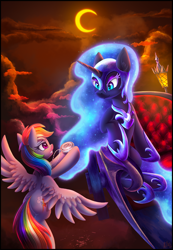 Size: 2100x3028 | Tagged: safe, artist:atlas-66, imported from derpibooru, nightmare moon, rainbow dash, alicorn, pegasus, pony, fanfic:the empty room, chariot, duo, eclipse, lantern, luna's chariot, medallion, night, sky, wanderer d