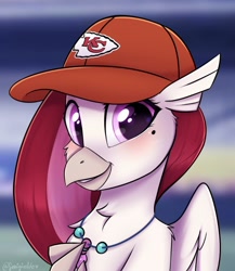 Size: 764x882 | Tagged: safe, artist:sonigiraldo, imported from derpibooru, oc, oc only, oc:velvet skies, classical hippogriff, hippogriff, adoraskies, baseball cap, bust, cap, cute, female, hat, hippogriff oc, kansas city chiefs, portrait, solo, weapons-grade cute