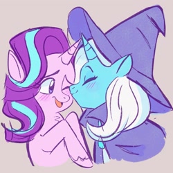 Size: 1449x1448 | Tagged: source needed, safe, artist:cosmicrewinds, imported from derpibooru, starlight glimmer, trixie, pony, unicorn, blushing, cape, cheek kiss, clothes, cute, diatrixes, duo, eyes closed, female, glimmerbetes, hat, horn, horns are touching, kiss on the cheek, kissing, lesbian, mare, one eye closed, open mouth, shipping, simple background, smooch, startrix, white background