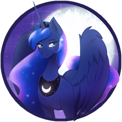 Size: 1000x1000 | Tagged: safe, artist:aqualuna112, imported from derpibooru, princess luna, alicorn, pony, female, full moon, inktober, jewelry, looking at you, mare, moon, regalia, solo, wings