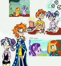 Size: 2472x2662 | Tagged: safe, artist:citi, starlight glimmer, sunburst, human, blocks, blushing, clothes, female, humanized, light skin, looking at each other, magic, male, scene interpretation, shipping, starburst, straight, younger