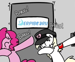 Size: 1100x900 | Tagged: safe, artist:thebirdiebin, pinkie pie, oc, oc:aryanne, earth pony, pony, derpibooru, armband, aryan, aryan pony, dab, derpibooru logo, gas chamber, meta, nazi, nazi armband, nazi hat, nazipone