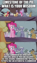 Size: 500x843 | Tagged: safe, edit, edited screencap, screencap, apple bloom, applejack, big macintosh, cloudy quartz, granny smith, igneous rock pie, limestone pie, marble pie, maud pie, pinkie pie, earth pony, pony, caption, comic, communism, holder's boulder, image macro, meme, screencap comic, text