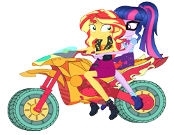 Size: 2733x2117 | Tagged: safe, artist:jcpreactyt, imported from derpibooru, sci-twi, sunset shimmer, twilight sparkle, equestria girls, biker, boots, clothes, female, girlfriend, gloves, lesbian, motorcross, motorcycle, sad, scitwishimmer, shipping, shoes, simple background, solo, sunsetsparkle, transparent background