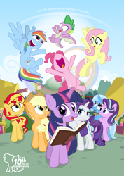 Size: 595x842 | Tagged: safe, artist:dm29, imported from derpibooru, applejack, fluttershy, pinkie pie, rainbow dash, rarity, spike, starlight glimmer, sunset shimmer, trixie, twilight sparkle, alicorn, dragon, earth pony, pegasus, pony, unicorn, equestria girls, anniversary, book, cute, dashabetes, diapinkes, diatrixes, glimmerbetes, happy birthday mlp:fim, jackabetes, magic, mane seven, mane six, mlp fim's tenth anniversary, nose in the air, open mouth, ponyville, rainbow, raribetes, shimmerbetes, shyabetes, spikabetes, telekinesis, twiabetes, uvula, volumetric mouth, winged spike, wings