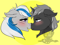 Size: 2760x2070 | Tagged: safe, artist:kikisinkspray, imported from derpibooru, oc, oc only, oc:lady lightning strike, oc:the ghost, pegasus, pony, unicorn, blushing, boop, duo, looking at each other, romantic, simple background