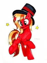 Size: 2322x3126 | Tagged: safe, artist:liaaqila, derpibooru exclusive, imported from derpibooru, oc, oc only, oc:cherry spirit, earth pony, pony, commission, cute, cutie mark, female, hat, magician, mare, mouth hold, raised hoof, signature, simple background, solo, stars, top hat, traditional art, wand, white background