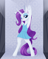 Size: 1497x1839 | Tagged: safe, artist:dusthiel, imported from derpibooru, rarity, pony, unicorn, armpits, bipedal, clothes, dress, female, mare, one eye closed, pose, raised arms, smiling, solo, wink