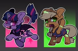Size: 3028x2000 | Tagged: safe, artist:ak4neh, imported from derpibooru, applejack, twilight sparkle, bat pony, earth pony, pony, vampire, bat wings, clothes, costume, duo, fangs, female, halloween, halloween costume, high res, holiday, leonine tail, mare, neon, open mouth, overalls, scarecrow, stitches, wings