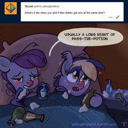 Size: 2000x2000 | Tagged: safe, artist:lunarshinestore, imported from derpibooru, oc, oc:flitter batter, oc:night stitch, bat pony, pony, ask night stitch, ask, bat pony oc, bat wings, bed, female, medicine, potion, sick, tissue, tumblr, wings