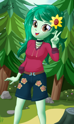 Size: 2160x3600 | Tagged: safe, artist:horsecat, imported from derpibooru, wallflower blush, equestria girls, belt, clothes, female, flower, flower in hair, forest, high res, looking at you, open mouth, peace sign, rock, shorts, solo, tree stump