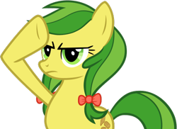 Size: 497x362 | Tagged: safe, artist:nano23823, imported from derpibooru, apple fritter, earth pony, pony, .svg available, apple family member, base used, bow, eyelashes, female, frown, hair bow, mare, rainbow dash salutes, salute, simple background, solo, svg, transparent background, underhoof, vector
