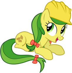 Size: 683x695 | Tagged: safe, artist:nano23823, imported from derpibooru, apple fritter, earth pony, pony, .svg available, apple family member, bow, eyelashes, female, hair bow, hard hat, lying down, mare, open mouth, prone, simple background, solo, svg, transparent background, vector