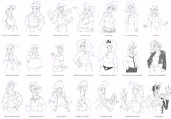 Size: 8550x5962 | Tagged: safe, artist:catstuxedo, imported from derpibooru, apple bloom, applejack, big macintosh, carrot cake, cup cake, discord, fluttershy, granny smith, pinkie pie, pound cake, princess celestia, princess luna, pumpkin cake, rainbow dash, rarity, scootaloo, spike, starlight glimmer, sunset shimmer, sweetie belle, twilight sparkle, human, horn, horned humanization, humanized, monochrome, older, older pound cake, older pumpkin cake, winged humanization, wings