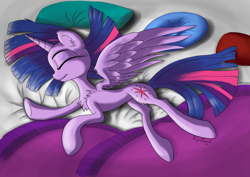 Size: 2841x2008 | Tagged: safe, artist:itchystomach, imported from derpibooru, twilight sparkle, alicorn, pony, bed, chest fluff, pillow, solo, twilight sparkle (alicorn)