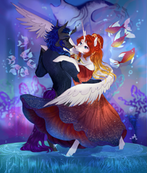 Size: 1087x1276 | Tagged: safe, artist:bunnari, imported from derpibooru, oc, oc only, oc:phobos, alicorn, changeling, bipedal, clothes, dress, female, male, mare