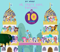 Size: 831x729 | Tagged: safe, artist:90sigma, artist:besttubahorse, artist:bluedragonhans, artist:dashiesparkle, artist:decismuchjuvenile, artist:theonewiththeoctaves, imported from derpibooru, apple bloom, applejack, big macintosh, bon bon, carrot cake, cheerilee, cheese sandwich, cup cake, derpy hooves, flash magnus, fluttershy, gallus, lyra heartstrings, maud pie, meadowbrook, mistmane, ocellus, pinkie pie, princess flurry heart, rainbow dash, rarity, rockhoof, sandbar, scootaloo, silverstream, smolder, soarin', somnambula, spike, spitfire, star swirl the bearded, starlight glimmer, sunburst, sweetie belle, sweetie drops, trixie, twilight sparkle, yona, alicorn, changedling, changeling, classical hippogriff, dragon, earth pony, griffon, hippogriff, pegasus, pony, unicorn, yak, friendship is magic, 10, canterlot, cutie mark crusaders, equestrian flag, happy birthday mlp:fim, mane seven, mane six, mlp fim's tenth anniversary, pillars of equestria, student six, tree, unicorn twilight