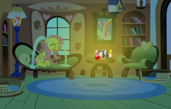 Size: 2496x1592 | Tagged: safe, imported from derpibooru, angel bunny, fluttershy, pegasus, pony, candle, chair, crying, flower, fluttershy's cottage, implied death, ocular gushers, rose, sitting, table, window