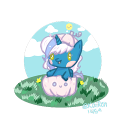 Size: 500x500 | Tagged: safe, artist:kairen1459, imported from derpibooru, oc, oc only, oc:fleurbelle, alicorn, pony, alicorn oc, blushing, chibi, cloud, female, flower, grass, horn, if i fits i sits, mare, pumpkin, sky, solo, wings