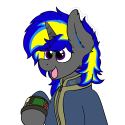 Size: 3000x3000 | Tagged: safe, artist:aaathebap, imported from derpibooru, oc, oc only, oc:rapid shadow, unicorn, fallout equestria, clothes, cute, ear fluff, flower, fluffy, happy, male, pipboy, simple background, smiling, transparent background