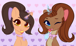 Size: 3000x1824 | Tagged: safe, artist:bestiary, imported from derpibooru, oc, oc only, oc:amiona, oc:night mirage, pony, unicorn, bow, candy, collar, cute, female, food, horn, intersex, licking, lollipop, magic, male, mother and child, mother and son, one eye closed, ponytail, smiling, tongue out, wink, winking at you