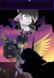 Size: 1600x2291 | Tagged: safe, artist:tillie-tmb, imported from derpibooru, princess celestia, oc, oc:tempest, alicorn, pony, comic:the amulet of shades, alicornified, armor, comic, glowing horn, horn, jewelry, magic, race swap, spear, sunset, tiara, weapon