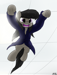 Size: 1837x2375 | Tagged: safe, artist:the-furry-railfan, imported from derpibooru, octavia melody, earth pony, pony, angry, bathrobe, bed mane, belly button, ceiling, clothes, frog (hoof), leaping, octavia is not amused, pounce, robe, screaming, solo, this will end in pain, unamused, underhoof