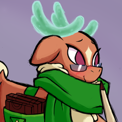 Size: 1500x1500 | Tagged: safe, artist:hitsuji, imported from derpibooru, cashmere (tfh), deer, reindeer, them's fightin' herds, blushing, book, clothes, community related, cute, glasses, raised hoof, scarf, simple background, solo
