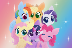 Size: 4000x2674 | Tagged: safe, artist:belka-sempai, imported from derpibooru, applejack, fluttershy, pinkie pie, rainbow dash, rarity, twilight sparkle, alicorn, earth pony, pegasus, pony, unicorn, abstract background, anniversary, bust, chest fluff, colored pupils, cowboy hat, cute, elbow fluff, eyes closed, female, folded wings, group hug, happy anniversary, happy birthday mlp:fim, hat, high res, hug, mane six, mare, mlp fim's tenth anniversary, profile, rainbow background, smiling, sparkles, twilight sparkle (alicorn), wings