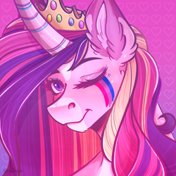 Size: 2480x2480 | Tagged: safe, artist:rubimlp6, imported from derpibooru, princess cadance, alicorn, pony, bisexual pride flag, crown, face paint, female, headcanon, jewelry, lgbt headcanon, mare, markings, one eye closed, pink background, pride, pride flag, redesign, regalia, sexuality headcanon, simple background, solo, wink