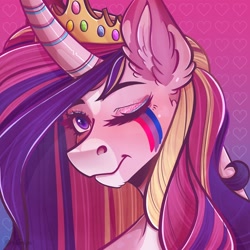 Size: 2048x2048 | Tagged: safe, alternate version, artist:rubimlp6, imported from derpibooru, princess cadance, alicorn, pony, bisexual pride flag, crown, face paint, female, headcanon, jewelry, lgbt headcanon, mare, markings, one eye closed, pink background, pride, pride flag, redesign, regalia, sexuality headcanon, simple background, solo, wink