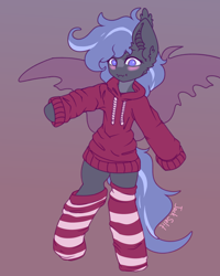 Size: 2020x2520 | Tagged: source needed, safe, artist:jackselit, imported from derpibooru, oc, oc only, oc:metalica, bat pony, pony, bat pony oc, bat wings, blushing, clothes, oversized clothes, socks, solo, striped socks, wings