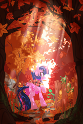 Size: 2560x3840 | Tagged: safe, artist:zvn, imported from derpibooru, twilight sparkle, alicorn, pony, autumn, clothes, crepuscular rays, falling leaves, female, fence, forest, leaves, looking at you, looking back, looking back at you, mare, profile, scarf, scenery, smiling at you, solo, tree, twilight sparkle (alicorn)