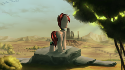 Size: 3000x1688 | Tagged: safe, artist:shido-tara, imported from derpibooru, oc, oc only, oc:6-9, cyborg, pony, dead tree, detailed background, facing away, hourglass, looking back, power line, rear view, rock, ruins, solo, tree, wasteland