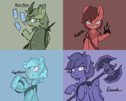 Size: 3252x2618 | Tagged: safe, artist:wild-thunder06, imported from derpibooru, oc, oc:enfoke, oc:lienrod, oc:lyakaios, oc:onix-storm, crystal pony, earth pony, kirin, pegasus, pony, crystal pony oc, earth pony oc, kirin oc, pegasus oc, roleplay, roleplaying, roleplaying is magic, weapon, wings