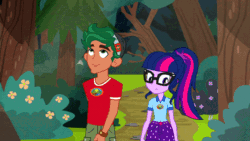 Size: 800x450 | Tagged: safe, imported from derpibooru, screencap, sci-twi, timber spruce, twilight sparkle, equestria girls, legend of everfree, animated, camp everfree outfits, female, forest, gif, hip sway, male, shipping, straight, swaying hips, talking, timbertwi, walking