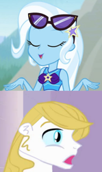 Size: 794x1332 | Tagged: safe, edit, edited screencap, imported from derpibooru, screencap, prince blueblood, trixie, equestria girls, equestria girls series, forgotten friendship, bluetrix, clothes, eyes closed, female, male, shipping, shipping domino, straight, sunglasses, sunglasses on head, surprised blueblood, swimsuit