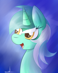 Size: 2000x2502 | Tagged: safe, artist:almaustral, imported from derpibooru, lyra heartstrings, pony, unicorn, bust, eyelashes, female, mare, open mouth, signature, smiling, solo