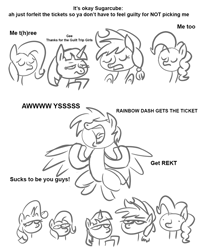 Size: 1000x1218 | Tagged: safe, artist:velgarn, imported from derpibooru, applejack, fluttershy, pinkie pie, rainbow dash, rarity, twilight sparkle, earth pony, pegasus, pony, unicorn, the ticket master, 2 panel comic, comic, dot eyes, funny, scene interpretation, simple background, sketch, unamused, white background