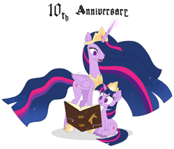 Size: 3250x2800 | Tagged: safe, artist:biocrine, imported from derpibooru, twilight sparkle, alicorn, pony, unicorn, the last problem, anniversary, book, happy birthday mlp:fim, mlp fim's tenth anniversary, older, older twilight, princess twilight 2.0, self ponidox, simple background, twilight sparkle (alicorn), unicorn twilight, white background