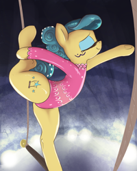 Size: 2000x2500 | Tagged: safe, artist:t72b, imported from derpibooru, trapeze star, earth pony, pony, acrobatics, clothes, crowd, eyes closed, female, flexible, leotard, mare, solo, standing, standing on one leg, trapeze