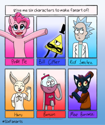 Size: 818x975 | Tagged: safe, artist:fruiitypieq, artist:shycookieq, imported from derpibooru, pinkie pie, anthro, cat, earth pony, human, pony, six fanarts, anthro with ponies, baseball bat, beastars, benson, bill cipher, bust, clothes, eyes closed, female, gravity falls, haru (beastars), hat, mae borowski, male, mare, night in the woods, open mouth, regular show, rick and morty, rick sanchez, smiling, top hat, waving