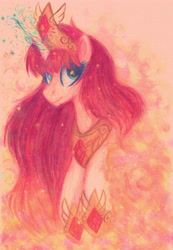 Size: 3392x4904 | Tagged: safe, artist:equmoria, imported from derpibooru, oc, oc only, oc:fausticorn, alicorn, pony, alicorn oc, colored pencil drawing, crown, ethereal mane, happy birthday mlp:fim, horn, jewelry, lauren faust, magic, magic aura, mlp fim's tenth anniversary, pencil drawing, regalia, solo, traditional art, watercolor painting, wings