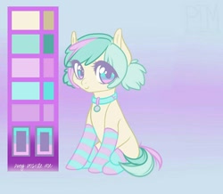 Size: 1238x1080 | Tagged: safe, artist:helemaranth, imported from derpibooru, oc, oc only, earth pony, pony, abstract background, clothes, collar, earth pony oc, reference sheet, sitting, socks, solo, striped socks