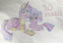 Size: 1526x1051 | Tagged: safe, artist:mr.myoozik, artist:myoozik, derpibooru exclusive, imported from derpibooru, twilight sparkle, alicorn, pony, unicorn, the last problem, anniversary, anniversary art, book, book of harmony, clothes, crossed hooves, crown, cutie mark, ethereal mane, ethereal tail, female, folded wings, happy birthday mlp:fim, hoof on chin, hoof shoes, horn, jewelry, looking up, mare, mlp fim's tenth anniversary, older, older twilight, open book, pages, paper, paradox, photo, princess twilight 2.0, purple eyes, regalia, self ponidox, shoes, sitting, smiling, tail, text, thinking, traditional art, twilight sparkle (alicorn), unicorn twilight, wings