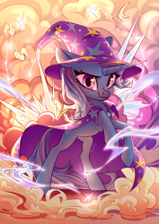 Size: 2894x4093 | Tagged: safe, artist:shore2020, imported from derpibooru, trixie, pony, unicorn, badass, bipedal, cape, clothes, cool guys don't look at explosions, explosion, female, hat, mare, raised hoof, rearing, smoke, solo, special effects, trixie's cape, trixie's hat