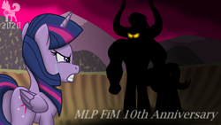 Size: 2560x1440 | Tagged: safe, artist:mrchaosthecunningwlf, artist:ponyvillechaos577, imported from derpibooru, lord tirek, twilight sparkle, alicorn, centaur, pony, season 4, twilight's kingdom, angry, anniversary, anniversary art, butt, crying, female, fight, glowing eyes, happy birthday mlp:fim, mare, mlp anniversary, mlp fim's tenth anniversary, plot, red sky, silhouette, standoff, tail, tears of anger, thumbnail, twilight sparkle (alicorn), youtube link, youtube thumbnail