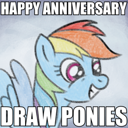 Size: 800x800 | Tagged: safe, artist:m.w., imported from derpibooru, rainbow dash, pegasus, pony, friendship is magic, caption, colored sketch, happy birthday mlp:fim, image macro, mlp fim's tenth anniversary, scene interpretation, smiling, solo, text