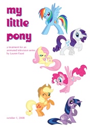 Size: 662x939 | Tagged: safe, artist:lauren faust, imported from derpibooru, applejack, fluttershy, pinkie pie, rainbow dash, rarity, twilight sparkle, twilight twinkle, earth pony, pegasus, pony, rabbit, unicorn, 2008, alternate cutie mark, alternate mane color, animal, concept art, earth pony fluttershy, mane six, one eye closed, pegasus pinkie pie, pitch bible, race swap, rearing, show bible, simple background, start of ponies, white background